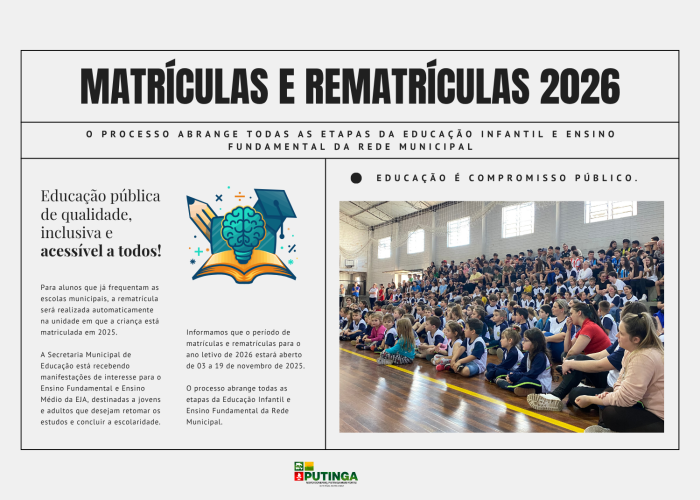 Matrículas e Rematrículas 2026 na Rede Municipal de Ensino de Putinga