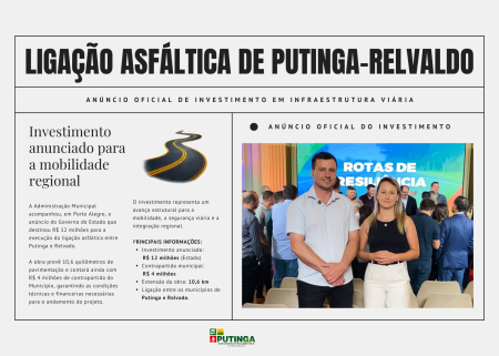 Governo do Estado anuncia recursos para a ligação asfáltica entre Putinga e Relvado.